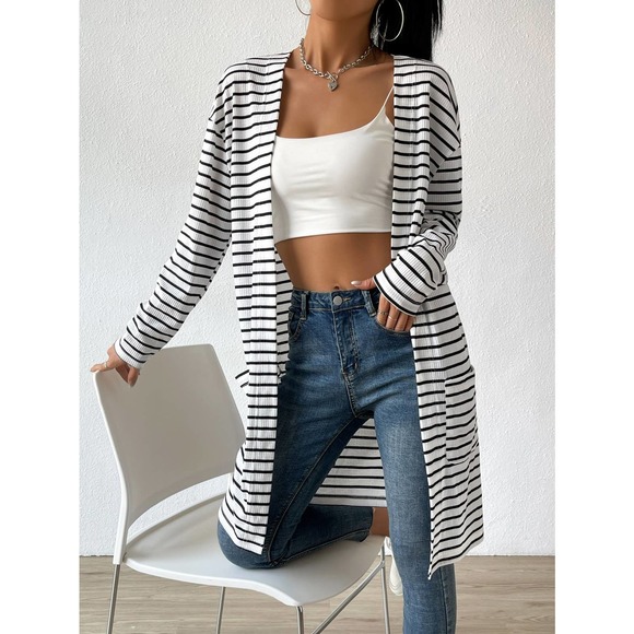 BohoGypsyDreamer.com Sweaters - Striped  Open Front cardigan sweater white
